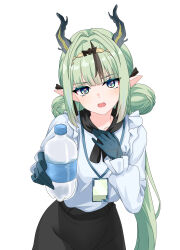  1girl absurdres alternate_costume aqua_eyes arknights arknights:_endfield black_skirt black_streaks bottle colored_extremities commentary cowboy_shot dragon_girl dragon_horns drink green_hair hand_on_own_chest highres holding holding_bottle holding_drink horns lanyard long_hair long_sleeves looking_at_viewer maxwelzy multicolored_hair open_mouth pointy_ears shirt si_(arknights) simple_background skirt solo standing streaked_hair very_long_hair water_bottle white_background white_shirt 