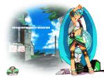  aqua_hair arm_up bikini_bottom cd_case crab digital_media_player elbow_pads food fruit green_eyes hatsune_miku headphones highres innertube ipod knee_pads long_hair mouth_hold navel popsicle sandals sarong solo sonjow4 twintails very_long_hair vocaloid watermelon 