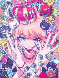  1girl anniversary artist_name bear_hair_ornament blonde_hair choker commentary_request crossed_arms danganronpa:_trigger_happy_havoc danganronpa_(series) danganronpa_3_(anime) enoshima_junko hair_ornament highres long_hair monokuma monomi_(danganronpa) nail_polish sfz0qullkk shirt solo sticker teeth tongue tongue_out twintails 