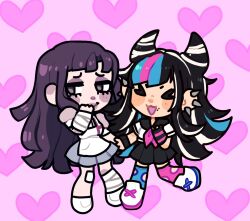  >_< 2girls :3 anxrchywitch apron asymmetrical_legwear bandaged_arm bandaged_hand bandages bandaid bandaid_on_knee bandaid_on_leg black_hair black_skirt blue_hair blue_skirt blue_streaks blue_thighhighs blush blush_stickers chibi chibi_only closed_eyes closed_mouth collared_shirt commentary danganronpa_(series) danganronpa_2:_goodbye_despair ear_piercing english_commentary eyelashes face_piercing full_body hair_horns heart heart_background highres long_hair mioda_ibuki mismatched_legwear mismatched_thighhighs mouth_piercing multicolored_hair multiple_girls neckerchief open_mouth piercing pink_background pink_hair pink_neckerchief pink_streaks pink_thighhighs puffy_short_sleeves puffy_sleeves purple_hair school_uniform serafuku shirt shoes short_sleeves skirt smile streaked_hair thigh-highs torn_clothes torn_thighhighs tsumiki_mikan violet_eyes white_apron white_hair white_shirt white_shoes yuri 