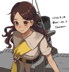  1girl badge blonde_streaks brown_eyes brown_hair brown_shirt character_name dark-skinned_female dark_skin dated hair_bun highres kantai_collection long_hair looking_at_viewer military_uniform multicolored_hair one-hour_drawing_challenge rigging sash shi_ba_1 shirt shoulder_sash simple_background solo streaked_hair thonburi_(kancolle) twitter_username upper_body white_background yellow_sash 