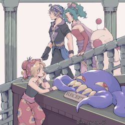  1boy 2girls bare_shoulders black_gloves black_jacket black_pants black_shirt blonde_hair blue_eyes breasts cape column commentary_request creature detached_sleeves dress earrings final_fantasy final_fantasy_vi gloves green_hair grey_hair hair_ribbon hat head_on_hand headscarf highres ika_okura_66 jacket jewelry locke_cole long_hair medium_breasts mog_(ff6) moogle multiple_girls pants parted_bangs parted_lips pillar pink_cape pink_hat pink_ribbon ponytail print_hat print_pants print_shirt red_dress red_eyes red_sleeves relm_arrowny ribbon sash sharp_teeth shirt short_hair single_glove strapless strapless_dress strapless_shirt teeth tentacles terra_branford tube_dress twitter_username ultros violet_eyes waist_sash walking 