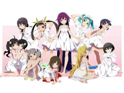  6+girls absurdly_long_hair aged_down ahoge araragi_karen araragi_tsukihi arm_above_head arm_support back_bow bandaid bandaid_on_face bandaid_on_knee bandaid_on_leg bandaid_on_nose bare_arms bare_legs barefoot between_legs black_hair blonde_hair blue_eyes blunt_ends blunt_sidelocks blush_stickers border bow bowtie braid brown_eyes brown_hair collarbone colored_shadow commentary_request double_v dress dress_flip egg_hair_ornament empty_eyes expressionless feet flat_chest food-themed_hair_ornament gesugesu_ahoaho green_ribbon grey_eyes grey_hair grin hachikuji_mayoi hair_flaps hair_ornament hair_over_shoulder hair_ribbon hair_scrunchie hairband halter_dress halterneck hand_between_own_legs hand_on_own_ankle hand_on_own_face hand_on_own_hip hand_on_own_knee hands_on_floor hands_up hanekawa_tsubasa head_tilt holding_hands index_finger_raised interlocked_fingers kanbaru_suruga knee_blush kneeling knees_to_chest knees_together_feet_apart lace-trimmed_dress lace_trim leaning_forward legs_apart light_blush long_dress long_hair long_sleeves looking_at_viewer maid_headdress medium_hair monogatari_(series) multiple_girls narrowed_eyes neck_ribbon oikura_sodachi one_eye_closed ononoki_yotsugi open_hands oshino_ougi oshino_shinobu outer_glow outside_border outstretched_arms pale_skin parted_bangs parted_lips pink_background purple_hair red_eyes ribbon sailor_collar sailor_dress scrunchie sengoku_nadeko senjougahara_hitagi shadow short_bangs short_dress short_hair short_sleeves short_twintails shoulder_blush side_ponytail sidelocks simple_background single_braid sitting sleeveless sleeveless_dress smile smirk smug socks standing standing_on_one_leg sundress tomboy tongue tongue_out twintails v v-shaped_eyebrows v_arms v_over_eye very_long_hair wariza white_border white_bow white_bowtie white_dress white_hairband white_sailor_collar white_scrunchie white_socks yellow_eyes 