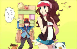  1boy 1girl bad_id bad_pixiv_id baseball_cap blue_eyes blue_jacket blue_shorts brown_hair denim denim_shorts finger_to_mouth hand_on_own_chest hat heavy hilbert_(pokemon) hilda_(pokemon) jacket lowres musical_note o-yuki oshawott pokemon pokemon_(creature) pokemon_black_and_white shirt shorts simple_background tepig white_shirt yellow_background 