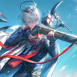  1boy arknights badge belt blonde_hair blue_eyes buttoned_cuffs buttons commentary cube executor_(arknights) executor_the_ex_foedere_(arknights) fingerless_gloves gloves gun halo highres long_sleeves male_focus purity_seal red_scarf scarf scythe short_hair shotgun solo talisman tianxiaoye_ansel.s untranslatable_commentary weapon 
