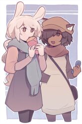  2girls :d :t animal_ears bag biting black_eyes black_hair black_pantyhose blonde_hair blue_scarf border braid breath brown_eyes brown_hat cellphone cold cowboy_shot crepe cropped_legs dark-skinned_female dark_skin dog_ears dog_girl dress ears_through_headwear eating eyes_visible_through_hair fang flip_phone fluffy_hair food food_wrapper fringe_trim hair_over_one_eye hand_in_pocket hat holding holding_food holding_phone iahtruong long_hair long_sleeves looking_at_another looking_to_the_side multiple_girls no_nose no_pupils one_eye_covered open_mouth original outline outside_border pantyhose phone pinafore_dress rabbit_ears rabbit_girl rounded_corners scarf short_eyebrows short_hair shoulder_bag single_braid skin_fang sleeveless sleeveless_dress smile standing swept_bangs thick_eyebrows w_arms white_border white_outline 