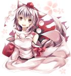  animal_ears brown_eyes bust detached_sleeves fang hat hat_ribbon highres inubashiri_momiji long_sleeves looking_at_viewer open_mouth otegoya ribbon shirt short_hair silver_hair solo tail tokin_hat touhou wide_sleeves wolf_ears wolf_tail 