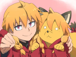  1girl 1other akai_(yomi_no_tsugai) arm_around_another's_back blonde_hair braid closed_mouth commentary fox gabu_(yomi_no_tsugai) hair_bobbles hair_ornament highres hood hood_down hoodie kukitsune looking_at_viewer matching_outfits pink_eyes red_hoodie red_ribbon ribbon smile tail tail_ornament tail_ribbon twin_braids yellow_fur yellow_tail yomi_no_tsugai 