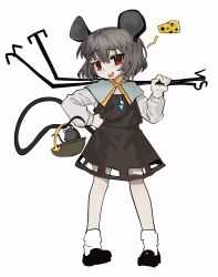  1girl animal_ears basket black_shoes black_skirt black_vest capelet cheese commentary dowsing_rod food full_body grey_capelet grey_hair highres holding holding_with_tail jewelry looking_at_viewer mouse_(animal) mouse_ears mouse_girl mouse_tail nazrin necklace open_mouth pendant prehensile_tail red_eyes sayoko404 shirt shoes skirt smile socks solo tail touhou vest white_shirt white_socks 