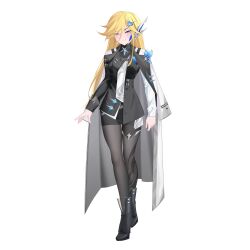  1girl absurdres alternate_costume asymmetrical_legwear asymmetrical_sleeves azure_striker_gunvolt belt blade_(gunvolt) blonde_hair blue_eyes boots breasts coat coat_on_shoulders commission commissioner_upload dress_shirt eyelashes full_body gunvolt_chronicles_luminous_avenger_ix hair_ornament high_heel_boots high_heels highres long_bangs long_coat long_hair looking_at_viewer mechanical_ears medium_breasts non-web_source pantyhose rhan shirt skirt sleeve_cuffs suit swept_bangs transparent_background 
