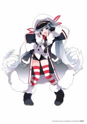  1girl :3 :d absurdres black_coat black_necktie black_shorts blue_hair boots bright_pupils buttons coat colored_tips commentary crab_print dot_nose double-breasted eyewear_hang figure_available full_body fur-trimmed_boots fur-trimmed_coat fur-trimmed_sleeves fur_trim hair_ribbon hand_on_own_hip hat hatsune_miku highres ixy jacket leaning_forward light_blush long_hair looking_at_viewer merchandise_available military_uniform multicolored_hair naval_uniform necktie official_art open_mouth peaked_cap red_ribbon red_thighhighs ribbon second-party_source shiny_skin short_shorts shorts skindentation smile solo striped_clothes striped_thighhighs tachi-e taito thigh-highs twintails uneven_eyes unworn_eyewear very_long_hair vocaloid white_background white_hair white_hat white_jacket white_pupils yuki_miku yuki_miku_(2022) yuki_miku_x_amp+_grand_project 