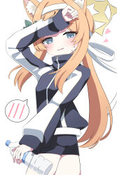  1girl absurdres animal_ear_fluff animal_ears blue_archive bottle flower gym_shirt gym_shorts gym_uniform hair_flower hair_ornament hairband halo highres holding holding_bottle jacket kashiwa0702 long_hair looking_at_viewer mari_(blue_archive) mari_(track)_(blue_archive) multicolored_jacket official_alternate_costume orange_hair plastic_bottle shirt shorts simple_background track_jacket two-tone_jacket water_bottle white_background white_flower white_hairband yellow_halo 