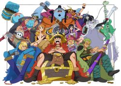  2girls 6+boys absurdres arm_up belt black_hair blonde_hair blue_boots blue_hair boots brook_(one_piece) cape capelet cigarette coin commentary facial_hair fake_horns franky_(one_piece) goatee going_merry green_hair guitar hair_over_one_eye highres holding holding_guitar holding_instrument holding_sword holding_weapon horns instrument jinbe_(one_piece) liaocijheng mixed-language_commentary monkey_d._luffy multiple_boys multiple_girls nami_(one_piece) nico_robin one_piece open_mouth orange_hair roronoa_zoro sanji_(one_piece) shoulder_pads sitting skeleton smile straw_hat_pirates sword tony_tony_chopper treasure_chest usopp weapon 