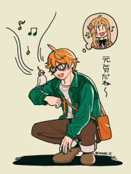 1boy 1girl ahoge alternate_costume animal_on_arm bag bespectacled bird bird_on_arm black-framed_eyewear black_bow black_bowtie blonde_hair blush bow bowtie brown_background brown_pants brown_shoes casual clenched_hand closed_eyes collared_shirt contemporary crew_neck facing_animal fingernails flower full_body genshin_impact glasses green_sleeves hair_flower hair_ornament highres long_sleeves lumine_(genshin_impact) musical_note open_clothes open_collar open_hand open_mouth open_shirt orange_bag orange_hair pants pink_flower pink_sweater_vest shirt shoes short_hair short_hair_with_long_locks shoulder_bag sidelocks spoken_character squatting sweater_vest taka35_35 tartaglia_(genshin_impact) translation_request triangle_mouth undershirt white_shirt yellow_bird 