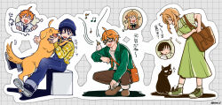  1girl 2boys ahoge alternate_costume animal_on_arm bag beanie bent_over bespectacled bird bird_on_arm black-framed_eyewear black_bow black_bowtie black_cat black_eyes black_hair black_necktie black_shoes blonde_hair blue_hat blue_overalls blunt_ends bow bowtie breast_pocket brown_bag brown_pants brown_shoes casual cat checkered_clothes checkered_shirt closed_eyes collared_shirt contemporary cross-laced_shoes curled_fingers denim denim_overalls dog dress earrings facing_animal fingernails flower flower_earrings genshin_impact glasses golden_retriever green_dress green_shirt green_shoes green_sleeves grey_background grid_background hair_between_eyes hair_flower hair_ornament hands_up hat highres jewelry layered_shirt licking light_blush long_dress long_sleeves looking_down lower_eyelashes_only lower_teeth_only lumine_(genshin_impact) multiple_boys musical_note necktie open_clothes open_collar open_hand open_mouth open_shirt orange_bag orange_hair outline overalls pants pink_flower pink_sweater_vest plaid_clothes plaid_shirt plaid_sleeves pocket sanpaku scaramouche_(genshin_impact) shirt shoes short_hair short_hair_with_long_locks shoulder_bag sidelocks sitting sneakers socks spoken_character squatting sweater_vest taka35_35 tartaglia_(genshin_impact) teeth triangle_mouth tsurime twitter_username undershirt white_outline white_shirt white_socks wing_collar wispy_bangs yellow_bird yellow_shirt yellow_sleeves 