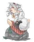  animal_ears detached_sleeves hat highres indian_style inubashiri_momiji looking_back nu_ma red_eyes rock short_hair sitting skirt solo tail tokin_hat touhou white_hair wolf_ears wolf_tail 