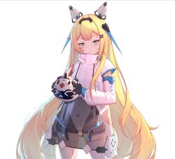 1girl aqua_eyes black_gloves blonde_hair boots chinese_commentary closed_mouth commentary_request detached_sleeves drone fingerless_gloves gloves highres holding jacket long_hair looking_at_viewer original simple_background solo thigh_boots very_long_hair white_background white_jacket white_sleeves wubaiye_zhu 