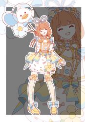  1girl ^_^ absurdres animal-shaped_balloon ankle_bow arm_warmers balloon balloon_trip_(infinity_nikki) bare_shoulders beads bird blue_bow blue_hairband blue_ribbon blunt_bangs border bow bow_legwear braid brooch brown_hair bubble_skirt buttons center_frills chinese_commentary choker closed_eyes commentary_request dot_nose duck eyelashes flower flower_balloon flower_hairband frilled_arm_warmers frilled_choker frilled_hairband frilled_shirt frilled_thighhighs frills full_body grey_background grin hair_ribbon hairband happy highres holding holding_balloon infinity_nikki jewelry large_ribbon layered_skirt lipstick loafers long_hair makeup miniskirt multicolored_bow multicolored_buttons multiple_braids neck_ribbon nikki_(series) orange_vest outline outside_border pink_bow pom_pom_(clothes) print_thighhighs print_vest rainbow_bow rainbow_print red_lips ribbon shanfengzhu shirt shoes showgirl_skirt skirt skirt_bow sleeveless sleeveless_shirt smile solo sprinkles standing star_(symbol) star_print thigh-highs vest waist_bow white_arm_warmers white_border white_choker white_flower white_outline white_shirt white_skirt wrist_bow yellow_bow yellow_flower yellow_ribbon yellow_shoes yellow_skirt yellow_thighhighs zettai_ryouiki zoom_layer 