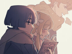  1girl 2boys alternate_costume black_coat black_eyes black_hair black_sleeves blonde_hair blunt_ends blush book brown_theme casual closed_eyes closed_mouth coat contemporary facing_to_the_side fingernails flower from_side genshin_impact grey_scarf hair_flower hair_ornament head_down height_difference holding holding_book lumine_(genshin_impact) multiple_boys muted_colors open_book open_hand open_mouth orange_hair profile reading scaramouche_(genshin_impact) scarf short_hair short_hair_with_long_locks sidelocks taka35_35 tartaglia_(genshin_impact) tearing_up tsurime white_background white_flower wispy_bangs yawning yellow_scarf 