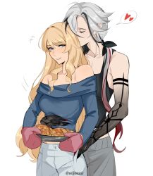  2girls arlecchino_(genshin_impact) black_hair black_hands blonde_hair blue_eyes colored_extremities croissant food genshin_impact hand_on_another's_stomach heart highres holding kissing_head multiple_girls navia_(genshin_impact) oven_mitts red_nails seijousai spoken_heart white_hair yuri 