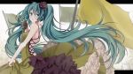  aqua_eyes aqua_hair bare_shoulders bow dress flag flower frilled_dress frills green_dress hair_flower hair_ornament hatsune_miku kochira_koufuku_anshin_iinkai_desu_(vocaloid) long_hair looking_back microphone microphone_stand skirt_hold solo this_is_the_happiness_and_peace_of_mind_committee_(vocaloid) twintails very_long_hair vintage_microphone vocaloid wogura 