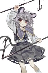  1girl animal_ears basket black_skirt black_vest capelet closed_mouth corrupted_twitter_file dowsing_rod dual_wielding grey_capelet grey_hair highres holding holding_with_tail jewelry kneehighs long_sleeves looking_at_viewer medium_hair mouse_(animal) mouse_ears mouse_girl mouse_tail nazrin necklace pendant prehensile_tail red_eyes sayoko404 shirt simple_background skirt socks solo tail touhou vest white_background white_shirt white_socks 