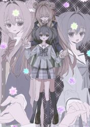  2girls antenna_hair blazer blue_bow blue_bowtie blue_eyes blue_jacket blue_shirt blue_skirt blue_socks bow bowtie closed_mouth contrast_lapels dot_nose double-parted_bangs double_bun fang from_side full_body green_skirt hair_bun hair_intakes hair_ribbon hands_up happy_sugar_life height_difference highres holding_hands jacket kneehighs koube_shio lapels loafers long_hair long_sidelocks long_sleeves looking_up ludo_(grapewood1005) matsuzaka_satou miniskirt multiple_girls multiple_pov multiple_views no_shoes open_mouth pink_ribbon plaid_background plaid_clothes plaid_ribbon plaid_skirt pov pov_hands ribbon sailor_collar school_uniform serafuku shirt shoes short_hair sidelocks simple_background skirt socks standing striped_bow striped_bowtie striped_clothes twintails unmoving_pattern very_long_hair 