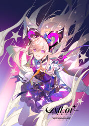  1girl arknights arknights:_endfield belt_necktie blonde_hair bow breasts chinese_commentary commentary_request cowboy_shot curled_horns dress earrings floating_hair gloves grin hairband heart highres horns jewelry liino_(arknights) long_hair long_sleeves looking_at_viewer partially_fingerless_gloves pointy_ears purple_dress purple_gloves purple_hairband purple_horns purple_tail shrug_(clothing) smile solo star-shaped_pupils star_(symbol) symbol-shaped_pupils tail very_long_hair violet_eyes white_shrug zxllor 