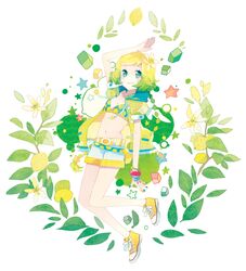  arm_up belt bikini_top blonde_hair blue_eyes bracelet braid c.c._lemon c.c._lemon_(character) cube flower food food_themed_clothes fruit gradient_hair green_hair hair_flower hair_ornament highres jacket jewelry leaf lemon long_hair looking_at_viewer midriff mig_(36th_underground) multicolored_hair nail_polish navel polka_dot shoes shorts simple_background smile sneakers solo star white_background 