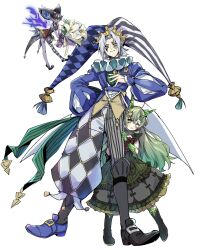  1boy 2girls asymmetrical_legwear boots clown_crew_biancaviso clown_crew_dristy clown_crew_flair colored_extremities commentary_request dress duel_monster fairy green_eyes grey_hair hand_on_own_chest hat highres horns jester jester_cap jester_costume long_sleeves multiple_girls pointy_ears puffy_pants puffy_sleeves purple_skirt shikiruru shoes single_thighhigh skirt smile thigh-highs yellow_eyes yu-gi-oh! 
