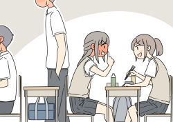  2boys 2girls :d bag blush bottle brown_hair chair chopsticks clenched_teeth collared_shirt commentary_request desk finger_to_mouth full-face_blush grey_background grey_hair grey_skirt hand_in_pocket holding holding_chopsticks juukyuu long_hair multiple_boys multiple_girls on_chair original pleated_skirt ponytail profile school_bag school_chair school_desk school_uniform shirt shushing skirt small_sweatdrop smile sweat sweater_vest teeth two-tone_background v-shaped_eyebrows white_background white_shirt 