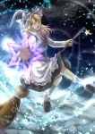  apron blonde_hair braid broom broom_riding daradara1999 fuuna_(conclusion) hair_ribbon hat highres kirisame_marisa lens_flare long_hair open_mouth outstretched_arm outstretched_hand ribbon shirt skirt skirt_set smile solo star touhou vest waist_apron witch witch_hat yellow_eyes 