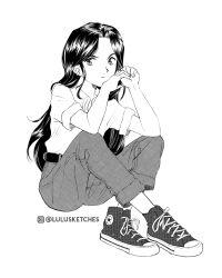 1girl belt commentary converse ear_piercing earrings english_commentary full_body greyscale highres instagram_logo instagram_username jewelry laura_price long_hair monochrome multiple_earrings original pants pants_rolled_up piercing polo_shirt ring shirt_tucked_in shoes sitting sneakers solo stud_earrings 