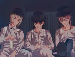  3girls a_clockwork_orange black_hair black_hat chainsaw_man coat collared_shirt commentary_request cross_scar crossed_legs cup death_devil_(chainsaw_man) earrings fami_(chainsaw_man) hat head_tilt holding holding_cup jewelry long_sidelocks long_sleeves looking_at_viewer makima_(chainsaw_man) mole mole_under_eye mole_under_mouth multiple_girls red_eyes red_hair ringed_eyes scar scar_on_cheek scar_on_face scar_on_nose shade shirt shoes_on_table siblings sidelocks sisters spread_legs tassel tassel_earrings white_hair yao_liao_wang yoru_(chainsaw_man) 