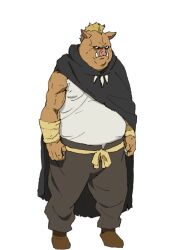  1boy animal_ears artist_request black_cloak blonde_hair boar_ears bone_necklace brown_shoes cloak closed_mouth full_body furry furry_male geld_(tensura) grey_pants hood hood_down hooded_cloak looking_at_viewer male_focus muscular muscular_male official_art orc pants pig_boy second-party_source shirt shoes short_hair simple_background sleeveless sleeveless_shirt solo standing tensei_shitara_slime_datta_ken transparent_background tusks white_shirt 
