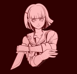  1girl alternate_hair_length_(shorter) alternate_hairstyle blunt_bangs closed_mouth collarbone commentary crossed_arms danganronpa_(series) danganronpa_v3:_killing_harmony english_commentary eyelashes hair_ornament hairclip harukawa_maki highres holding holding_knife holding_weapon knife long_sleeves mole mole_under_eye monochrome red_background sailor_collar short_hair simple_background solo weapon yaoyaoyao100 