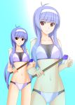  bikini blue_hair breasts cleavage gradient gradient_background hairband highres holding kenken long_hair navel quiz_magic_academy red_eyes satsuki_(quiz_magic_academy) see-through smile solo swimsuit wand zoom_layer 
