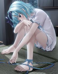  1boy aogiri_penta background_request blue_hair blue_ribbon collared_shirt commentary_request fingernails hand_on_own_knee highres josou_sanmyaku kurubayashi_shizuki leg_ribbon medium_hair ribbon shirt short_sleeves shorts solo tagme tatami tearing_up toenails trap white_shirt white_shorts window 
