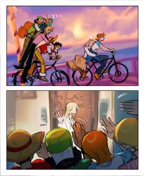  2girls 4boys alternate_costume backpack bag baseball_cap bicycle black_hair black_pants blonde_hair blue_jacket blue_pants brown_pants brown_skirt cardigan closed_mouth clothes_around_waist clouds cloudy_sky door from_behind from_side green_hair green_jacket haramaki hat highres hood hood_down hoodie house hug hug_from_behind jacket jacket_around_waist kaya_(one_piece) ki2ri5 leaning_on_person long_hair long_nose long_sleeves monkey_d._luffy multiple_boys multiple_girls nami_(one_piece) on_bicycle one_piece open_mouth orange_hair pants pink_shirt profile railing red_hoodie riding riding_bicycle roronoa_zoro sanji_(one_piece) shirt short_hair short_sleeves sitting skirt sky sleeping smile straw_hat straw_hat_pirates sunset twitter_username usopp waving white_cardigan white_shirt zzz 