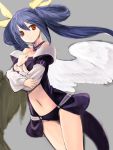  asymmetrical_wings bare_shoulders blue_hair bow breasts choker dizzy grey_background guilty_gear hair_bow kishiro_(michiko) long_hair navel red_eyes simple_background solo tail twintails under_boob underboob wings 