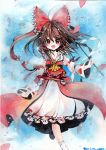  ahoge ascot bow brown_hair detached_sleeves gohei hair_bow hair_tubes hakurei_reimu japanese_clothes long_hair miko mosho petals red_eyes solo touhou traditional_media watercolor_(medium) 