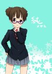  &gt;:3 :3 bespectacled brown_eyes brown_hair character_name flag glasses hand_to_chin highres k-on! ragho_no_erika raised_eyebrows school_uniform short_hair short_twintails smile solo suzuki_jun tattoo twintails 