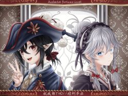  2girls :d absurdres ascot black_hair black_hat black_kimono blue_eyes blue_jacket bow braid chinese_commentary closed_mouth collared_shirt commentary_request double-parted_bangs frilled_hairband frills grey_hair hair_between_eyes hair_bow hairband hand_up hat highres izayoi_sakuya jacket japanese_clothes kimono liefeng_dm long_hair long_sleeves looking_at_viewer multiple_girls open_clothes open_jacket open_mouth pirate_hat pointy_ears red_bow red_eyes shameimaru_aya shirt short_hair side_braids sidelocks smile touhou twin_braids upper_body v white_hairband white_shirt yellow_ascot 