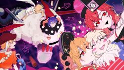  6+girls :d ^_^ absurdres american_flag_dress animal_ears antinomy_of_common_flowers blonde_hair blue_eyes blue_hair brown_hat brown_jacket chain chinese_commentary closed_eyes clownpiece commentary_request dalachi_(headdress) dango doreking doremy_sweet fang food hair_between_eyes hat hecatia_lapislazuli highres holding holding_food holding_mallet holding_skewer horns jacket jester_cap junko_(touhou) kishin_sagume legacy_of_lunatic_kingdom long_hair mallet multiple_girls navel neck_ruff open_mouth orange_hair orange_shirt partial_commentary polka_dot_headwear pom_pom_(clothes) puffy_short_sleeves puffy_sleeves purple_background purple_hat purple_skirt rabbit_ears rabbit_girl red_eyes red_hat ringo_(touhou) seiran_(touhou) selfie sheep_horns shirt short_sleeves single_wing skewer skin_fang skirt smile star_(symbol) touhou underworld_(ornament) wagashi white_hair wings yang156327 