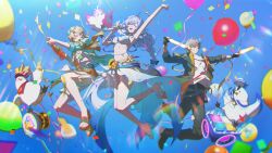  1girl 2boys absurdres alcohol ankle_strap aqua-tinted_eyewear aqua_eyes aqua_hair aqua_shirt arm_strap arm_up armband aventurine_(honkai:_star_rail) aventurine_(waveflair)_(honkai:_star_rail) balloon bass_guitar beak belt bikini bird bird_wings black_belt black_boots black_gloves black_jacket black_pants blonde_hair bloom blue_bow blue_eyes blue_hair blue_sash blue_sky boots bottle bow bracelet braid breasts brown_sandals caelus_(honkai:_star_rail) champagne champagne_bottle closed_mouth collared_shirt commentary confetti crossed_bangs day dove drum english_commentary eyewear_on_head feathered_wings fingerless_gloves floating_clothes flower flying full_body gloves glowstick gold_necklace grey_hair guitar hair_between_eyes hair_bow halo hand_up hands_up happy hawaiian_shirt head_wings high_heels highres holding holding_bottle holding_glowstick holding_guitar holding_instrument holding_microphone honkai:_star_rail honkai_(series) hood hooded_jacket instrument jacket jewel_under_eye jewelry leg_up long_hair long_sleeves looking_at_viewer low-braided_long_hair low-tied_long_hair low_ponytail medium_breasts microphone multicolored_eyes multicolored_hair multiple_belts multiple_boys necklace one_eye_closed open_clothes open_jacket open_mouth open_shirt outdoors pants penlight_(glowstick) pink_eyes playing_guitar playing_instrument ponytail robin_(honkai:_star_rail) robin_(summeretto)_(honkai:_star_rail) sandals sarong sash shirt shoes short_ponytail short_sleeves shorts singing single_braid sky smile sparkle streaked_hair sunflower sunglasses sunlight swimsuit t-shirt teeth tinted_eyewear trailblazer_(honkai:_star_rail) two-sided_fabric two-sided_jacket v-shaped_eyebrows very_long_hair white_bikini white_sarong white_shirt white_shoes white_shorts wings yarr yellow-framed_eyewear yellow_armband yellow_flower yellow_jacket yellow_sash 