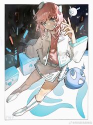  1girl aroma_white audience blue_eyes blue_trim boots character_name chinese_commentary commentary_request cytus cytus_ii floating_headgear full_body glowstick headgear headset highres jacket knee_boots long_hair long_sleeves pink_hair pink_shirt shanshan_faguang_de_cainiao shirt skirt stage tuner-san white_boots white_jacket white_skirt wide_sleeves 
