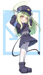  1girl 3kb_lili absurdres black_tail blue_archive blush commentary_request demon_tail gloves green_hair green_halo halo hat highres hikari_(blue_archive) long_hair long_sleeves looking_at_viewer open_mouth pantyhose pointy_ears siblings skirt tail twintails white_gloves yellow_eyes 
