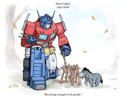  2boys autobot building commentary donkey eeyore english_commentary falling_leaves in_memoriam leaf mecha minyung multiple_boys on_one_knee optimus_prime peter_cullen robot signature stick transformation tree voice_actor_connection winnie_the_pooh 