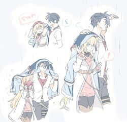  ! >_< 1boy 1girl agnes_claudel bag beret black_pants black_pantyhose black_shirt blonde_hair blue_eyes blue_hair blue_jacket blush boots breasts brown_boots chest_belt coat commentary cowboy_shot cropped_legs dog_tags eiyuu_densetsu embarrassed english_text flying_sweatdrops grey_background hair_bun hand_on_another's_head handbag hat hetero highres holding holding_unworn_clothes holding_unworn_hat jacket jacket_over_head jewelry kuro_no_kiseki_(series) kuro_no_kiseki_i long_hair medium_breasts multicolored_hair multiple_views necklace pants pantyhose pink_sweater poki_(as9861164216765) rain red_hat red_shirt shading_eyes shared_clothes shirt short_hair simple_background single_side_bun spoken_exclamation_mark spoken_squiggle squiggle sweatdrop sweater thigh_boots turtleneck two-tone_hair undershirt unworn_hat unworn_headwear unworn_jacket van_arkride white_background white_coat white_shirt 