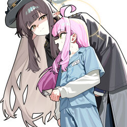  2girls :d absurdres ahoge black_hat black_jacket blue_archive blue_pants blue_shirt brown_hair commentary_request frown green_eyes grey_halo grey_skirt halo hat height_difference highres holding holding_spork huge_ahoge jacket kaya_(blue_archive) kaya_(prison)_(blue_archive) korean_commentary long_hair looking_at_another misuzu_(blue_archive) multiple_girls nervous nervous_smile nervous_sweating open_mouth pants pink_hair pointy_ears prison_clothes ruppu shaded_face shirt sidelocks simple_background skirt smile spork sweat very_sweaty white_background yellow_eyes yellow_halo 